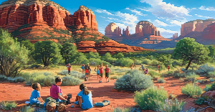 A lively summer camp with children hiking, painting, and exploring, surrounded by red rock formations and greenery.