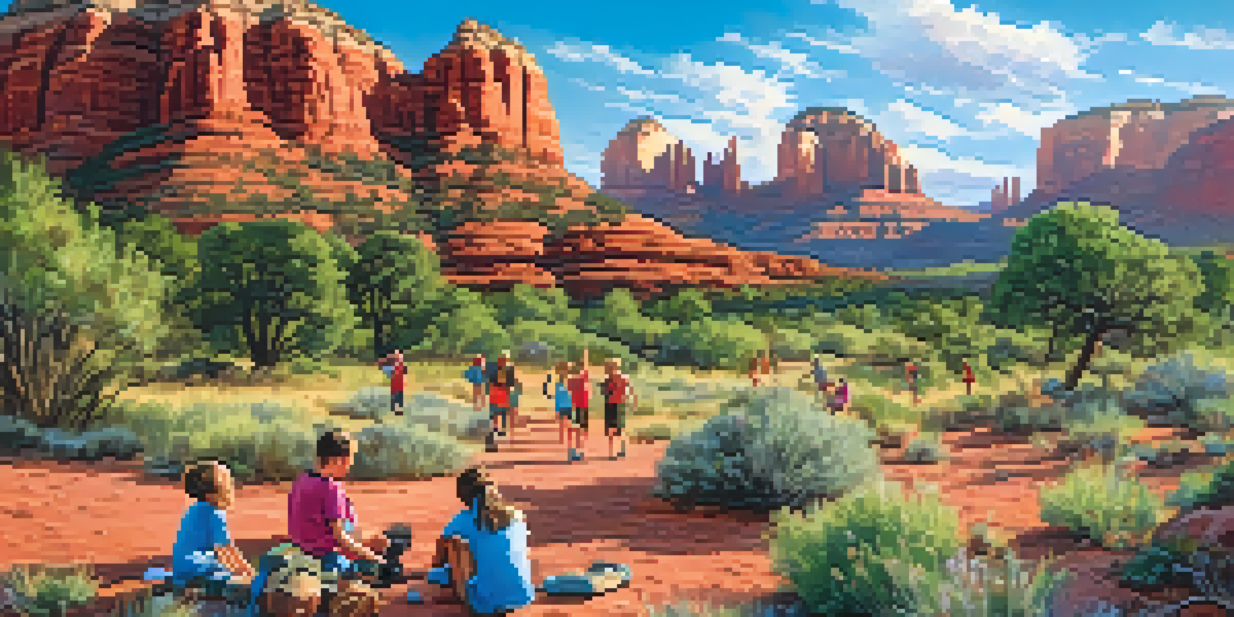 A lively summer camp with children hiking, painting, and exploring, surrounded by red rock formations and greenery.