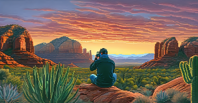 A silhouette of a photographer with a DSLR camera against a vibrant sunset over Sedona's red rock formations.