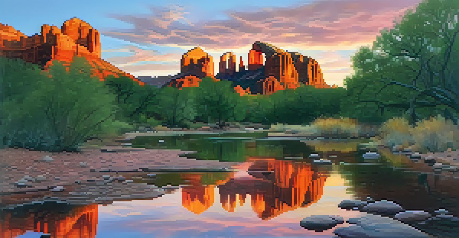 A beautiful sunset at Red Rock Crossing, reflecting Cathedral Rock in the water with vibrant sky colors.