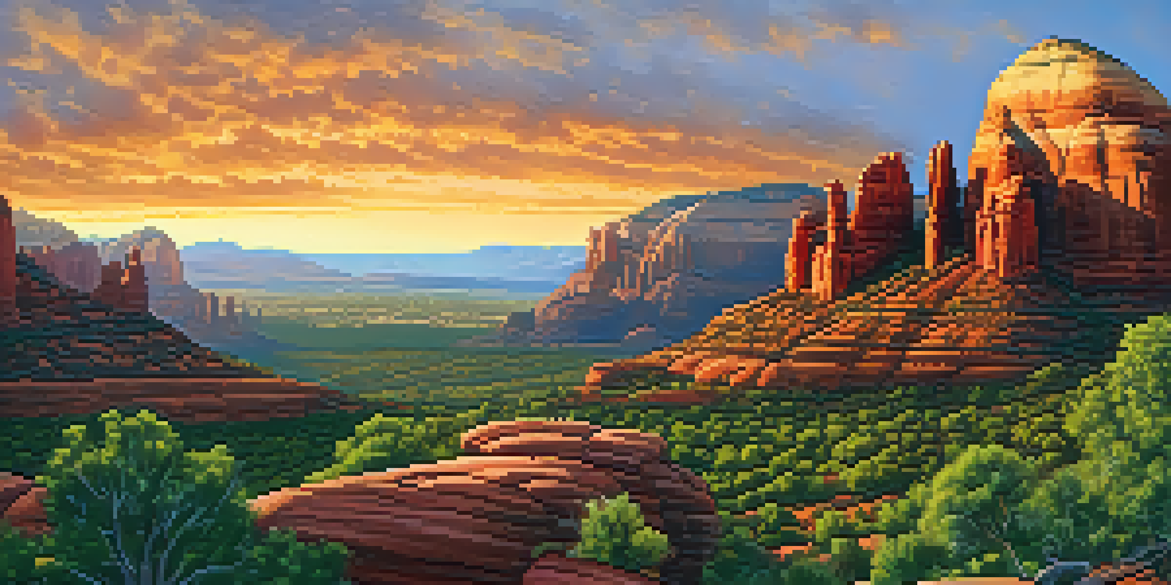 A breathtaking view of Sedona's red rock formations with the Chapel of the Holy Cross at sunset, showcasing vibrant colors and natural beauty.