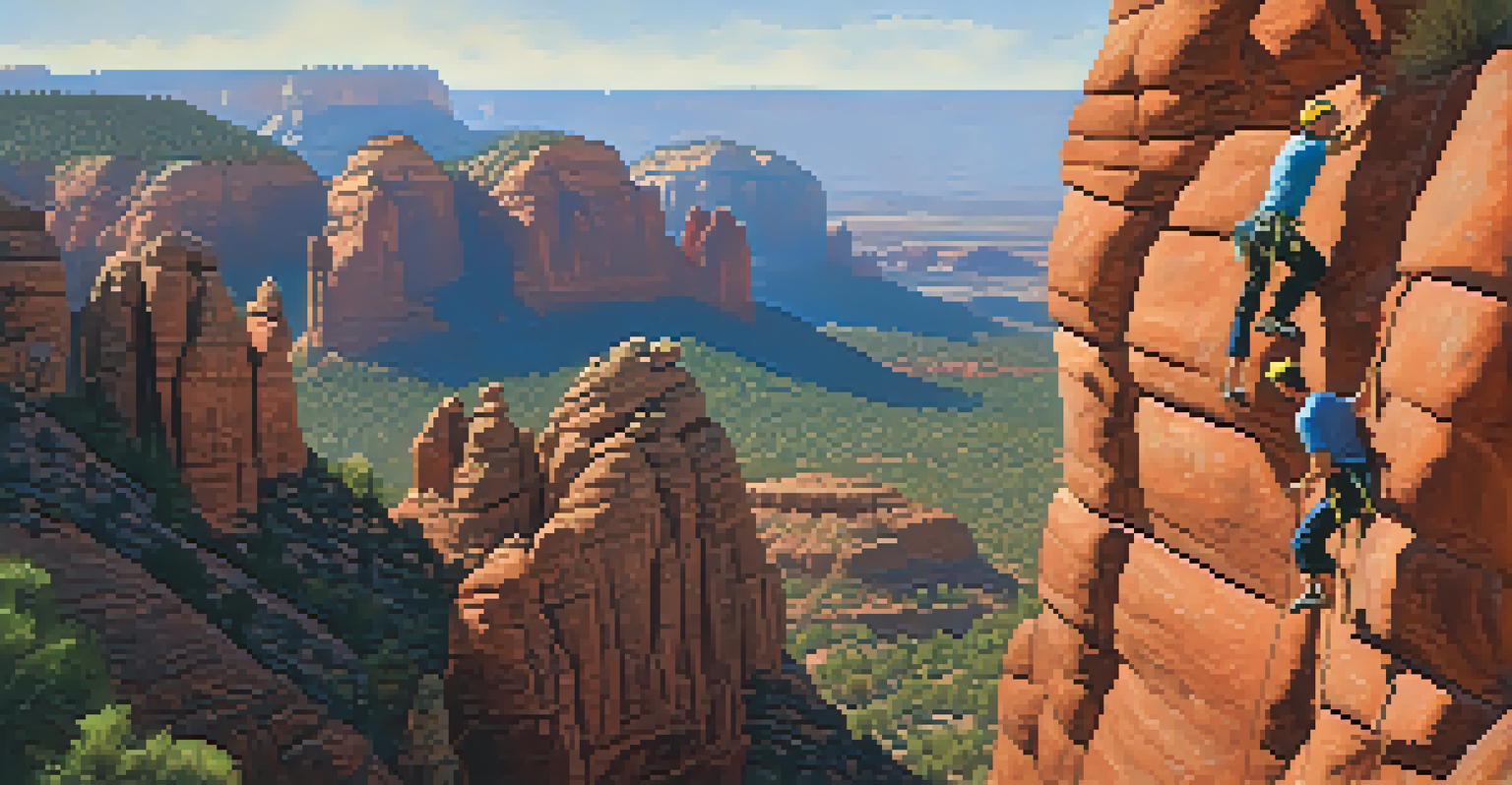 A group of climbers tackling Sedona's red rock cliffs against a bright blue sky, showcasing the excitement of adventure sports.