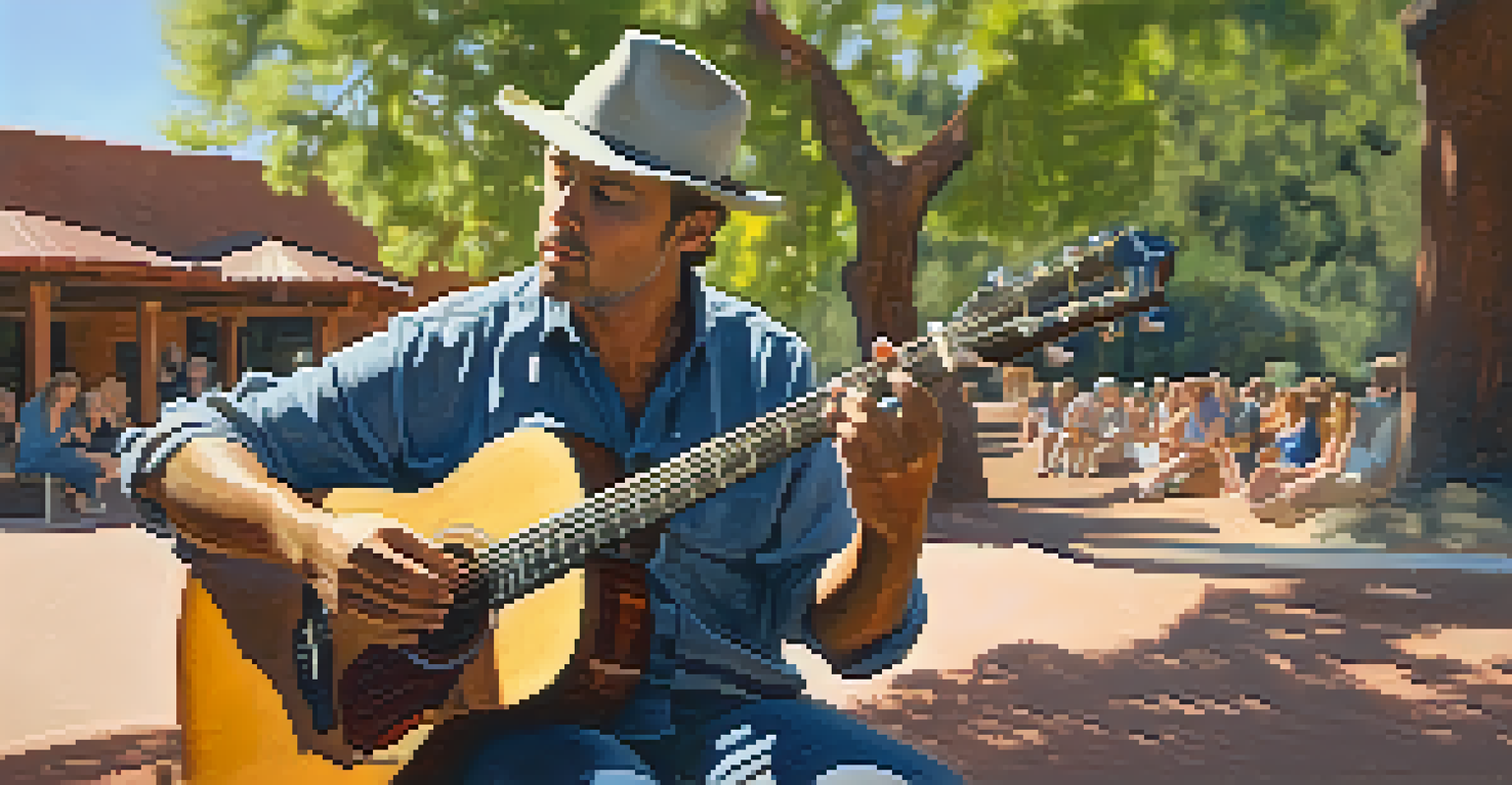 A local musician playing an acoustic guitar at a park concert in Sedona, with families enjoying the performance in the background.