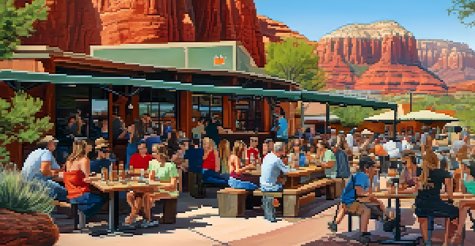 A sunny outdoor patio at Sedona Beer Company with people enjoying craft beer, rustic tables, and red rock formations in the background.