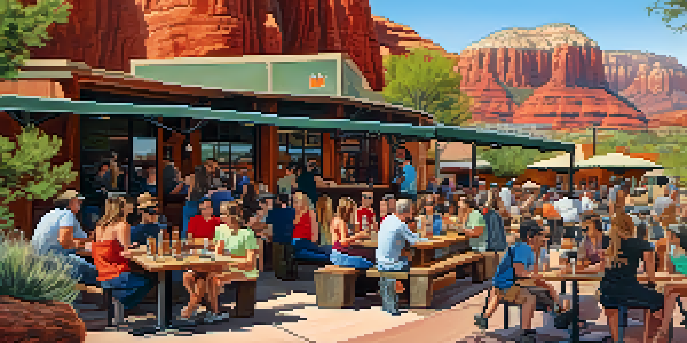 A sunny outdoor patio at Sedona Beer Company with people enjoying craft beer, rustic tables, and red rock formations in the background.