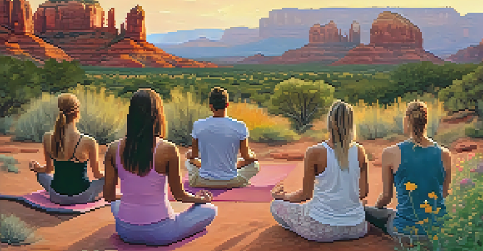 A group of people meditating in a peaceful outdoor setting with red rock formations in the background during sunset.