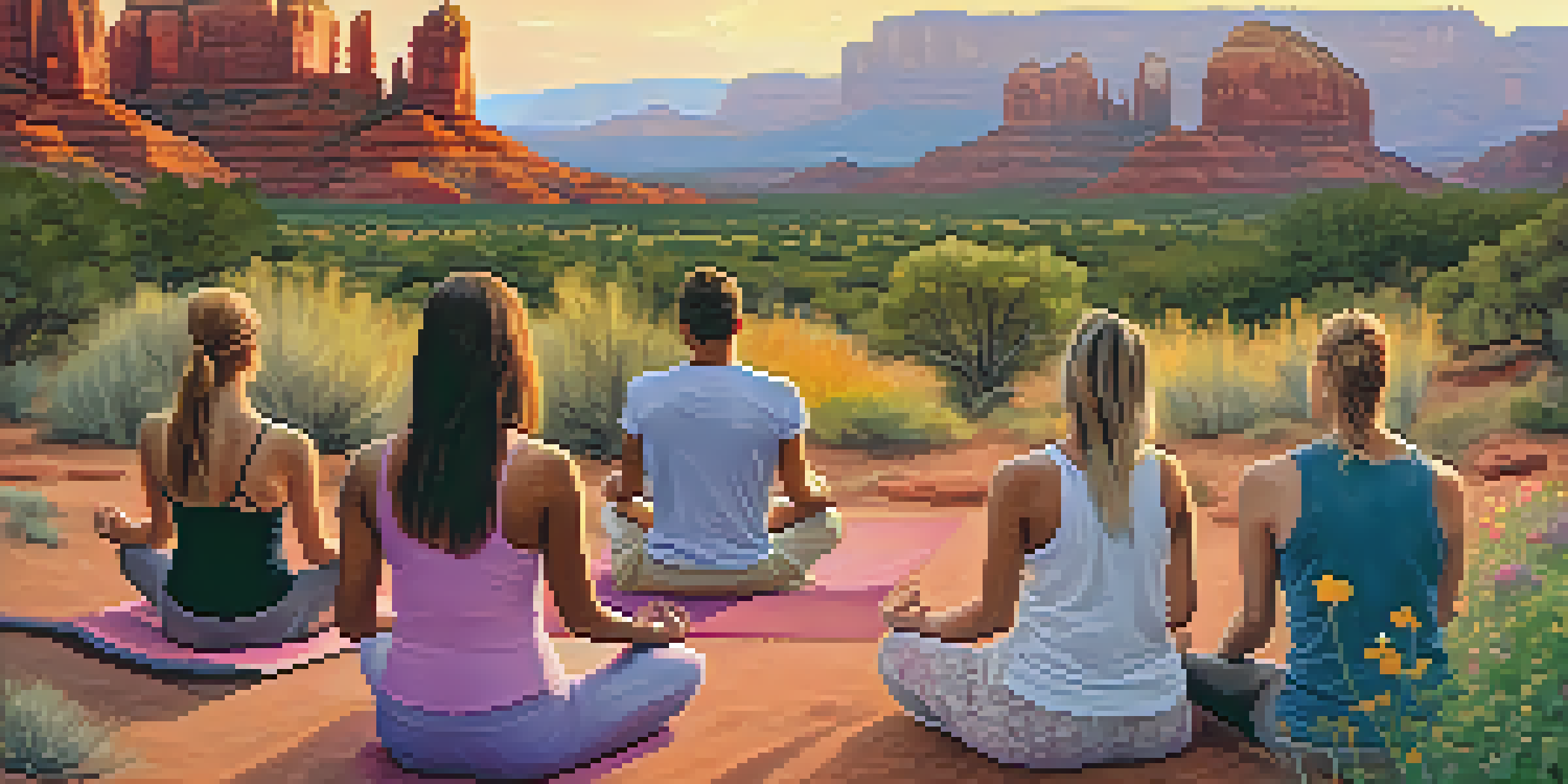 A group of people meditating in a peaceful outdoor setting with red rock formations in the background during sunset.