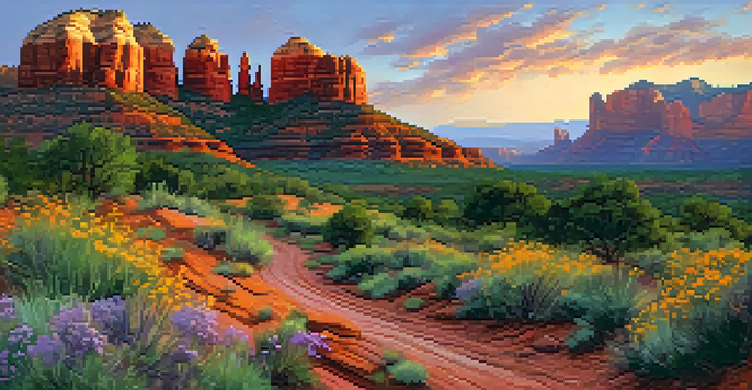 A panoramic view of Sedona's red rock formations during sunset, with a vibrant sky and a green valley filled with wildflowers.
