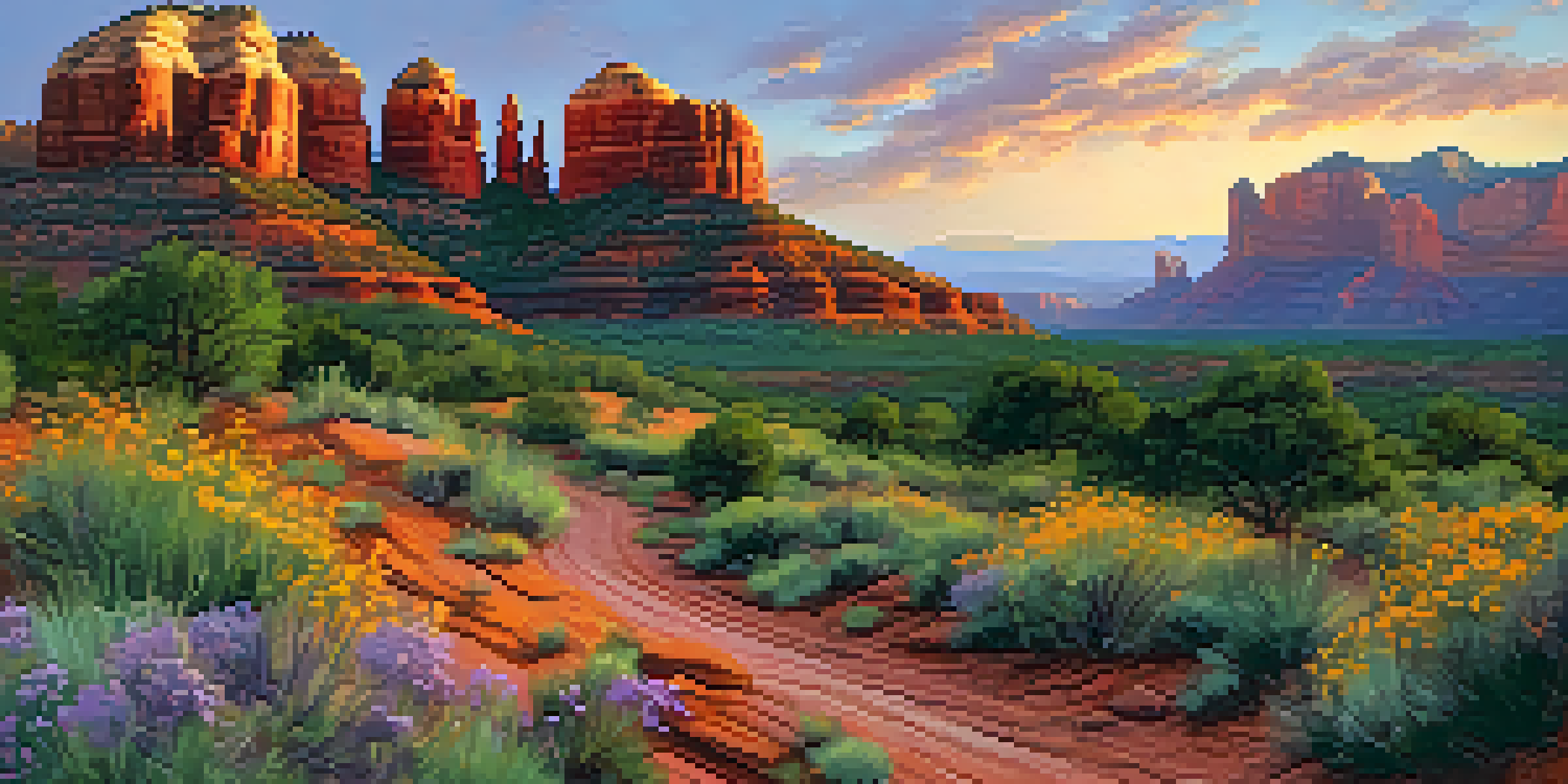 A panoramic view of Sedona's red rock formations during sunset, with a vibrant sky and a green valley filled with wildflowers.