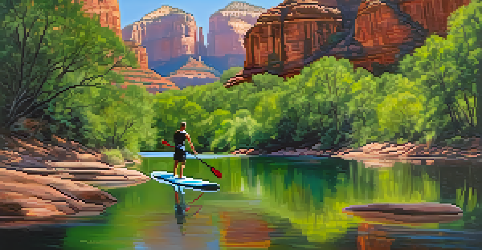 A paddleboarder on calm waters of Oak Creek in Sedona, surrounded by trees and canyon walls.