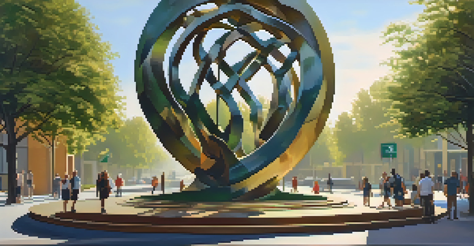 The 'Sedona Gateway' public art installation, an abstract sculpture surrounded by greenery and pedestrians, under warm sunlight.