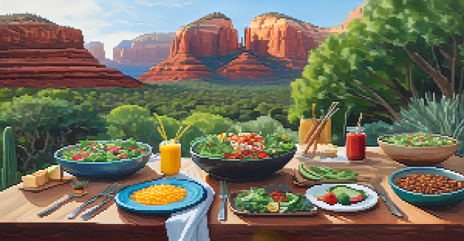 An outdoor communal meal at a Sedona yoga retreat, showcasing colorful healthy dishes and the beautiful red rock landscape in the background.