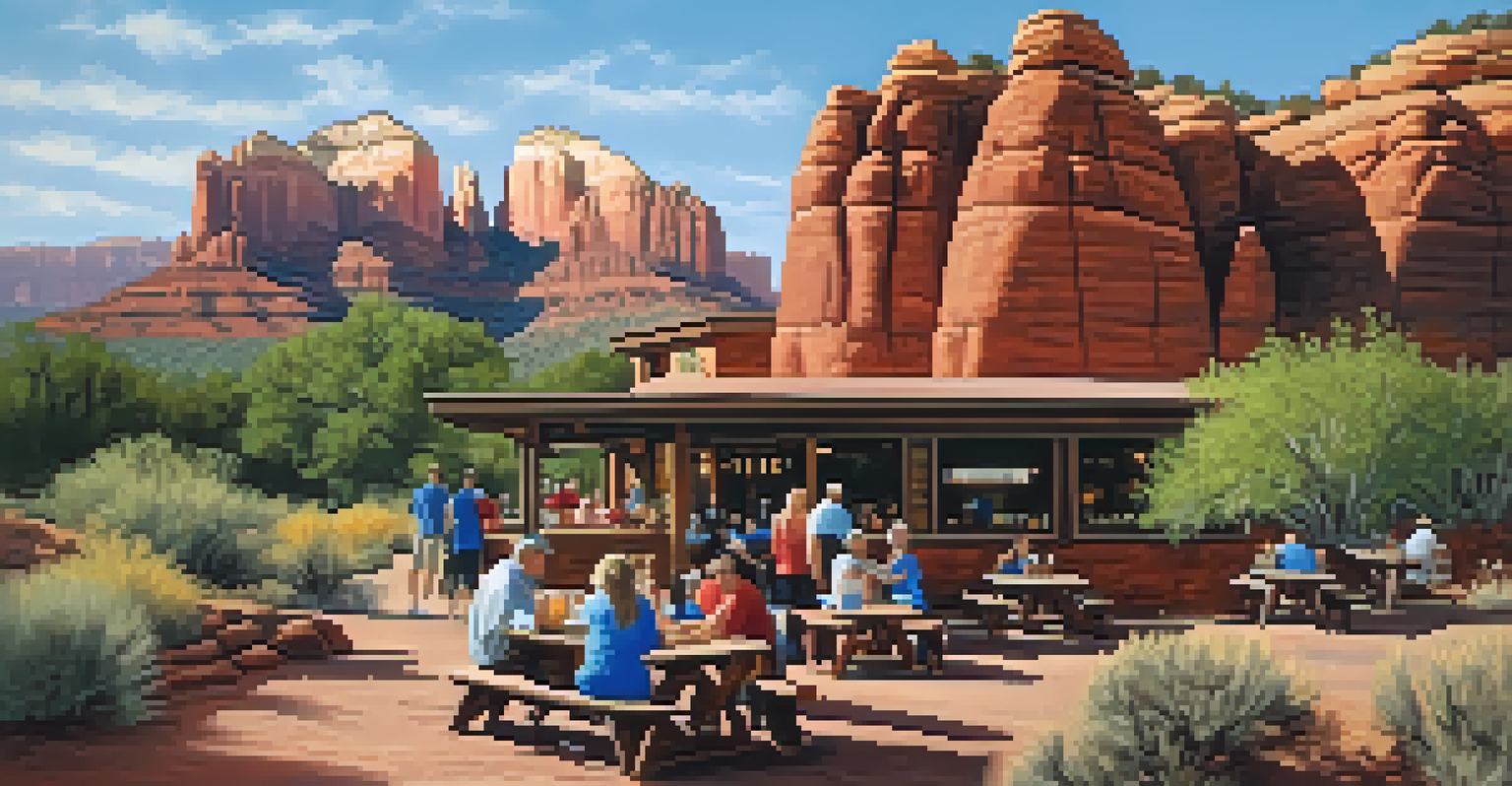Climbers relaxing at a rustic restaurant in Sedona, enjoying drinks and surrounded by local art, with views of red rock formations through large windows.