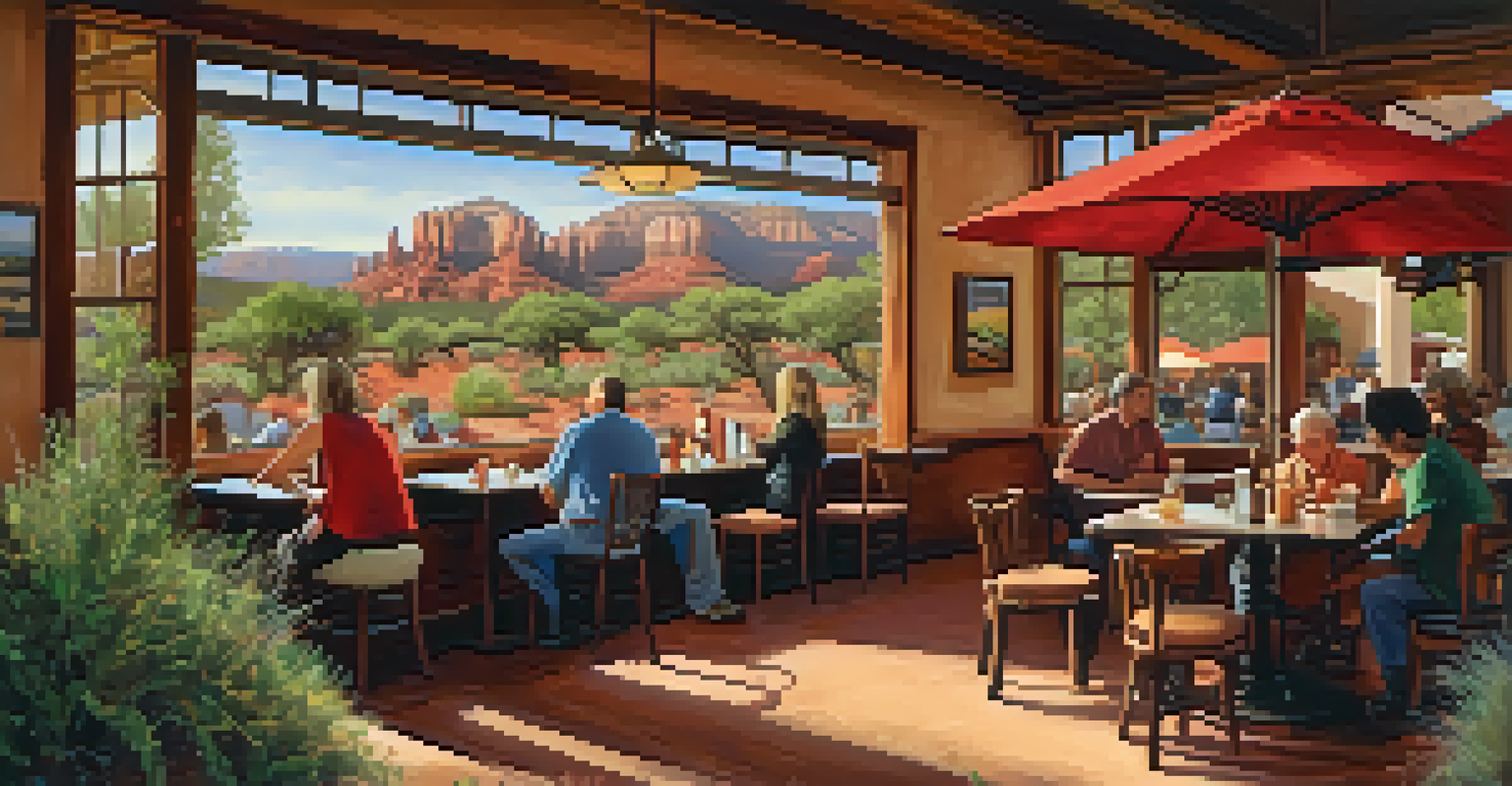 A lively local café in Sedona with wooden furniture and artwork, showing red rock landscape through large windows.