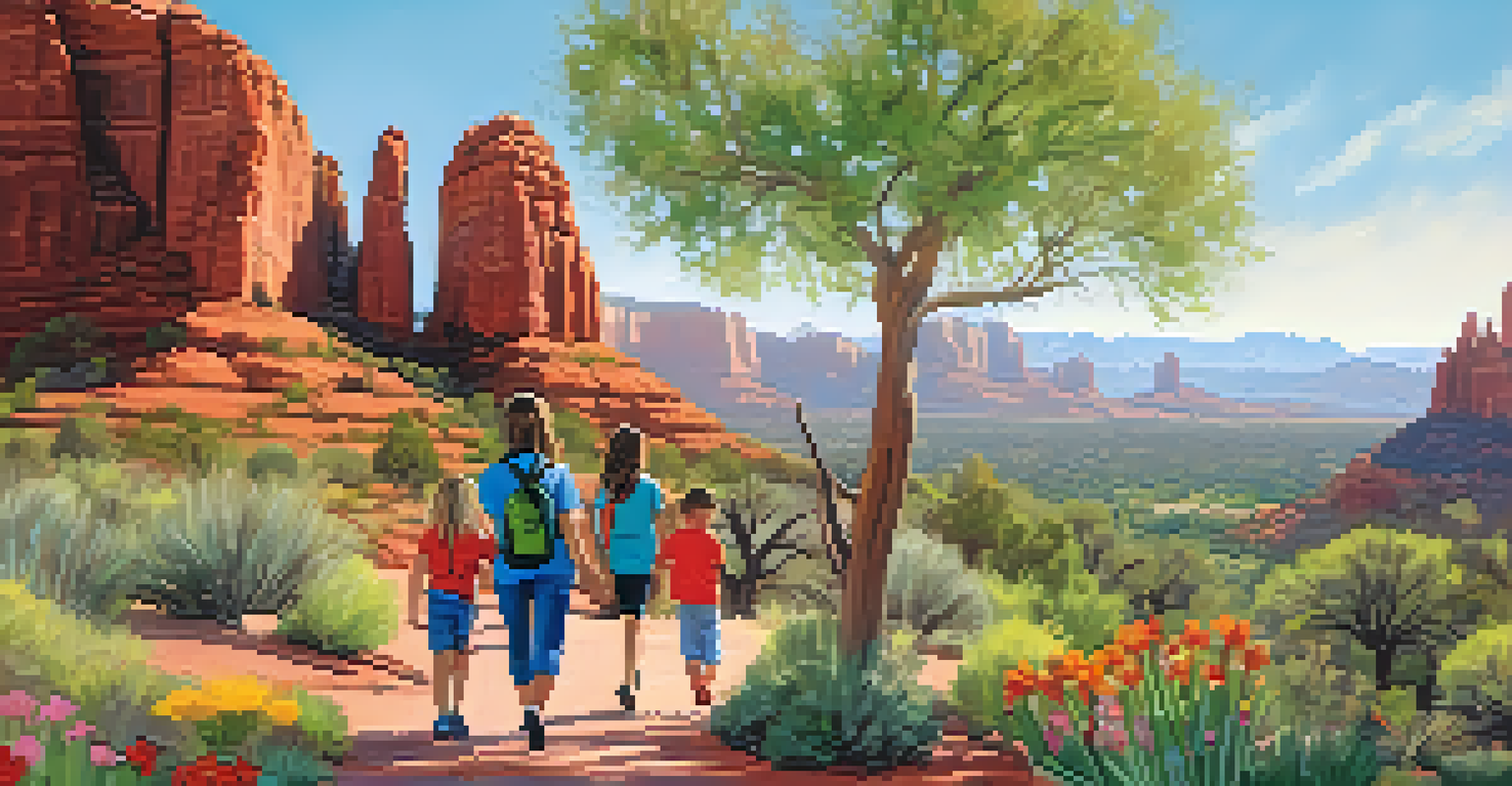 Children engaging in a nature scavenger hunt in Sedona's Botanical Gardens, surrounded by vibrant flowers and red rock formations, with parents watching and supporting them.