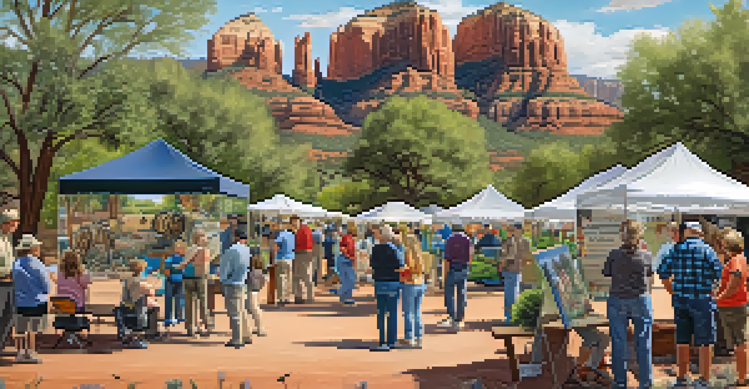 A community wildlife awareness event with residents engaging with wildlife rehabilitators and informative displays in Sedona.