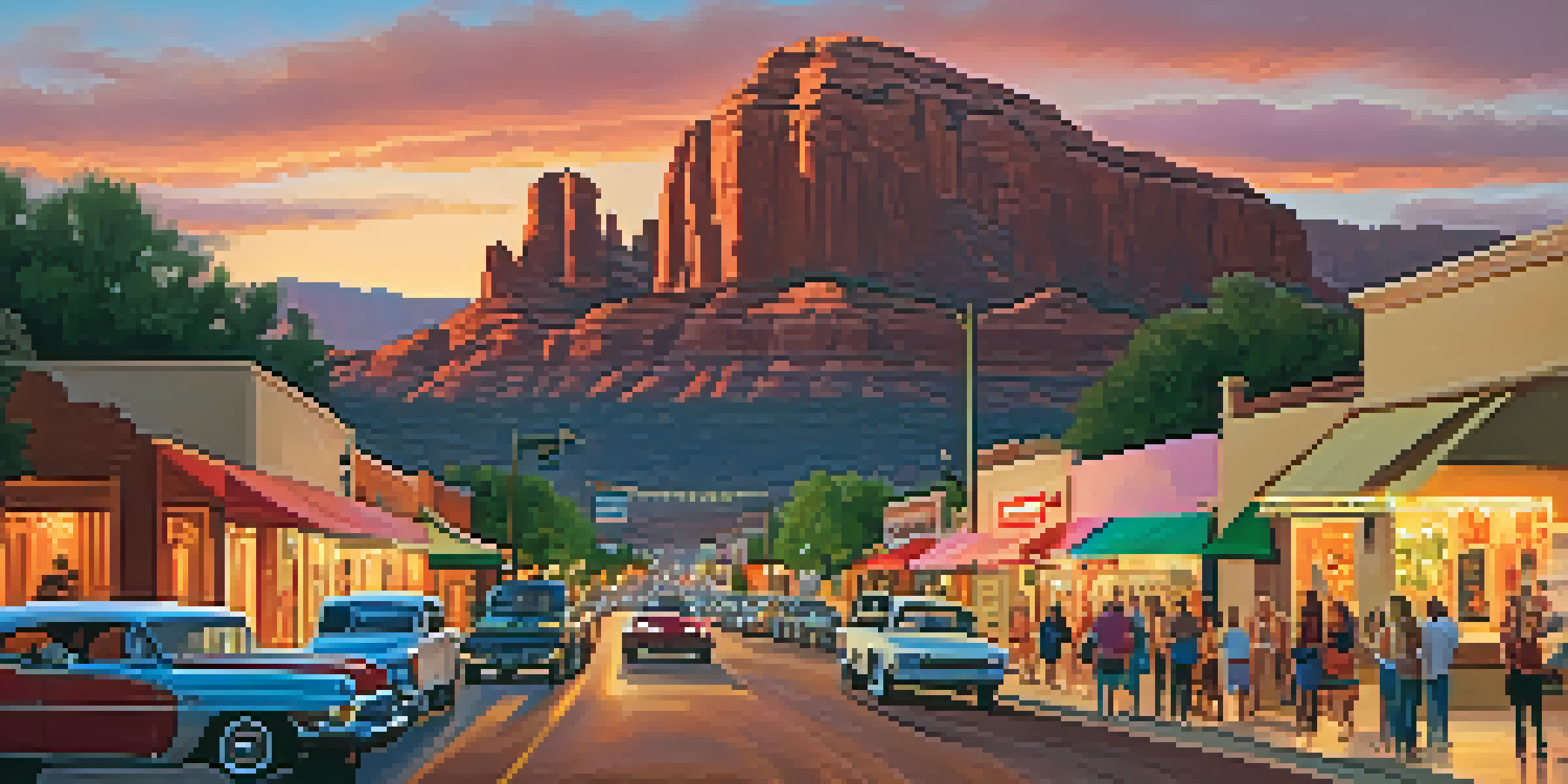A lively artistic street scene in Sedona with art galleries, people enjoying music, and red rock formations at sunset.