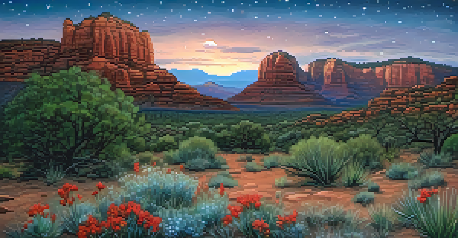 A serene spring evening in Sedona with flowers and a clear starry sky.