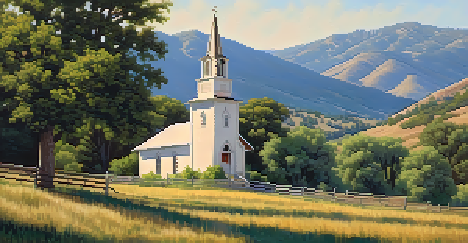 A charming historic church with a wooden steeple set in a scenic landscape of rolling hills and cottonwood trees under a clear sky.