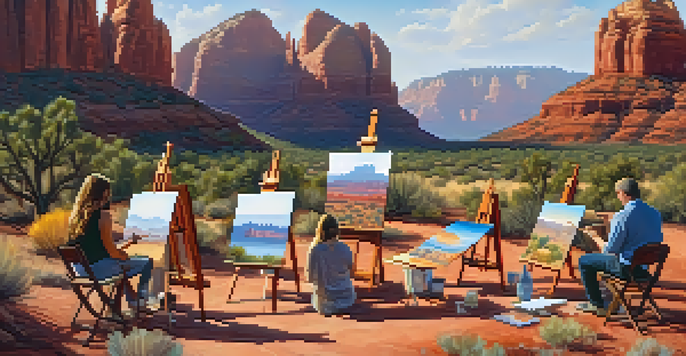 Participants engaged in an outdoor art therapy session in Sedona, surrounded by red rocks and painting on easels under warm sunlight.