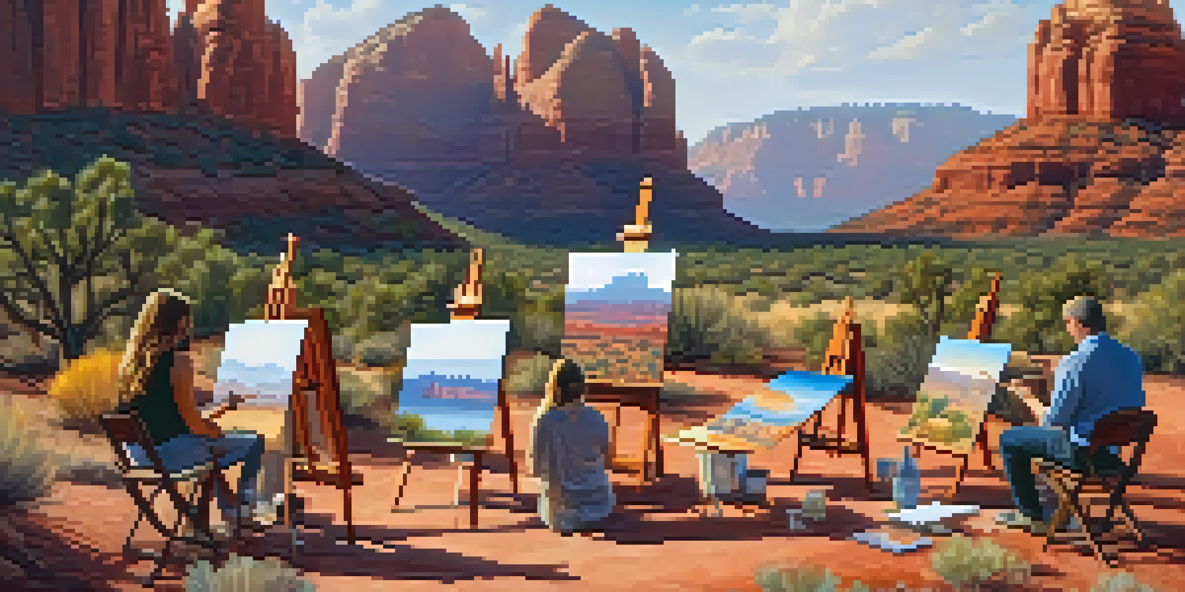 Participants engaged in an outdoor art therapy session in Sedona, surrounded by red rocks and painting on easels under warm sunlight.