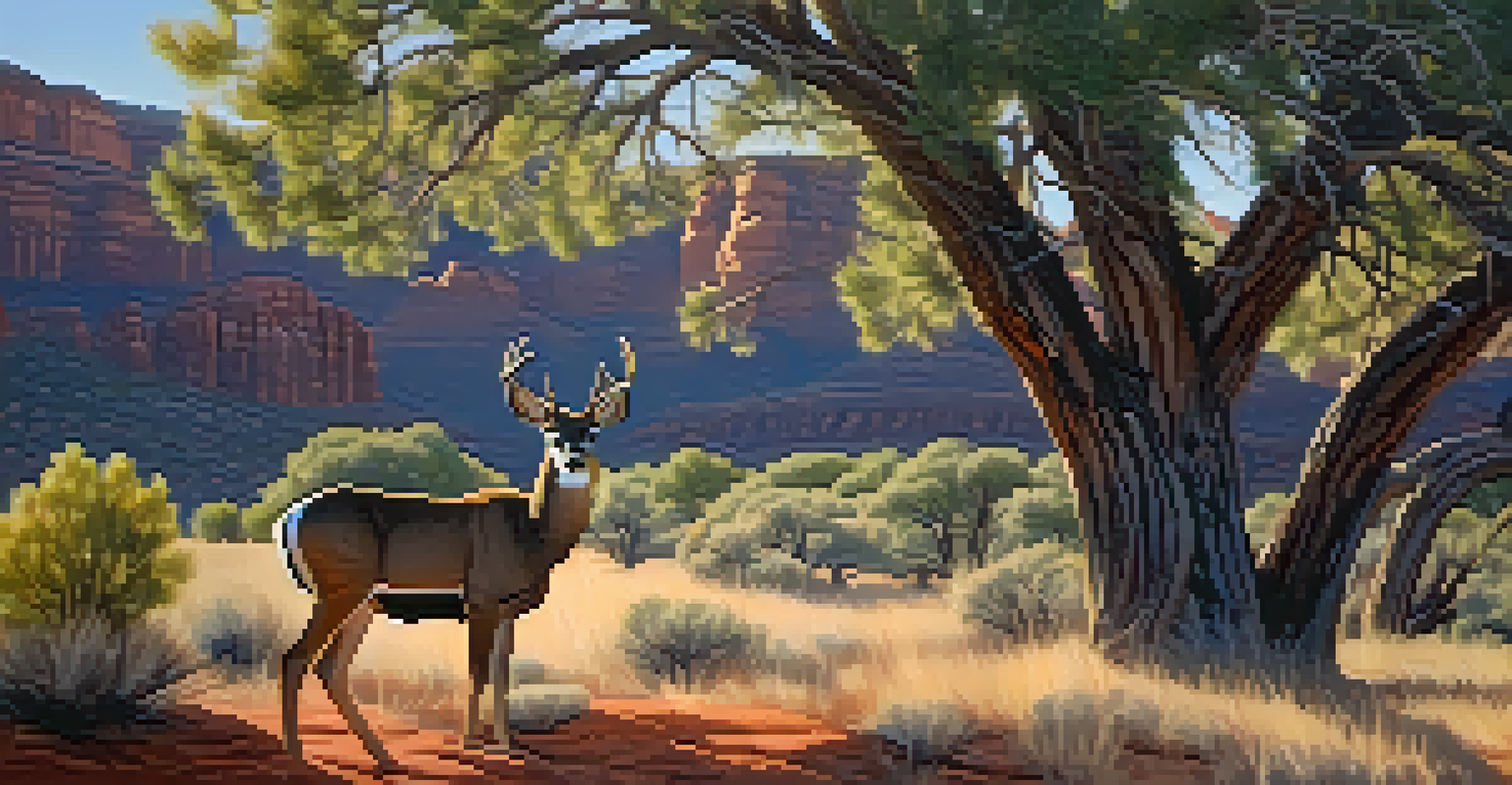 A mule deer standing gracefully among juniper trees in Sedona, with red rock formations softly lit in the background.