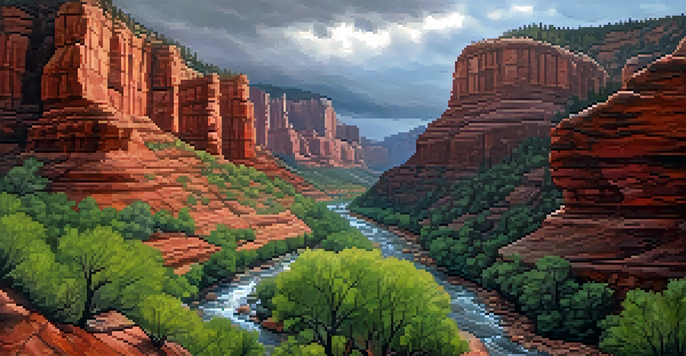 A view of Oak Creek Canyon with red rocks under a dramatic cloudy sky and a winding river.