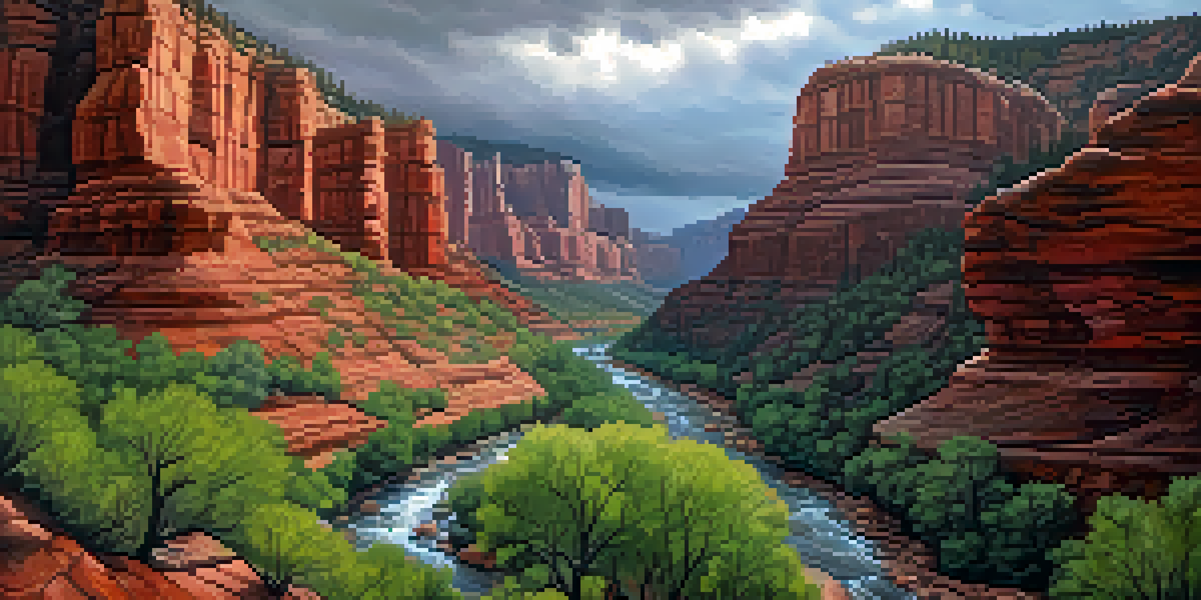 A view of Oak Creek Canyon with red rocks under a dramatic cloudy sky and a winding river.