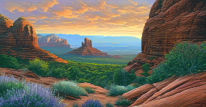 A peaceful sunrise with vibrant colors over red rock formations in Sedona, Arizona, featuring a hiker meditating in the foreground.