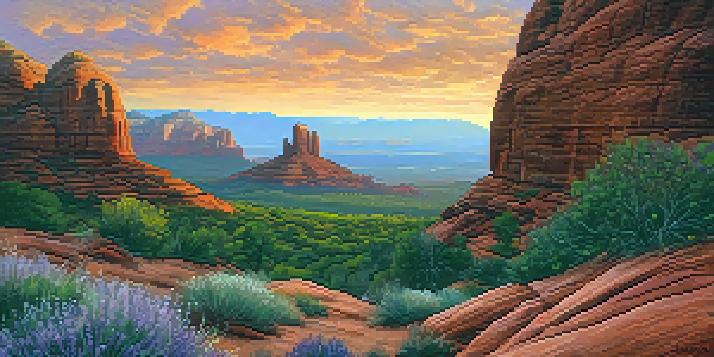 A peaceful sunrise with vibrant colors over red rock formations in Sedona, Arizona, featuring a hiker meditating in the foreground.