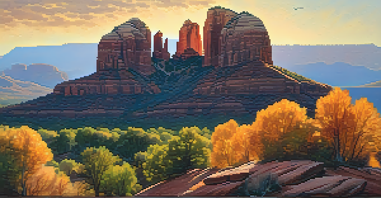 A climber on a ledge overlooking Cathedral Rock in Sedona, surrounded by fall colors and a stunning sunset.