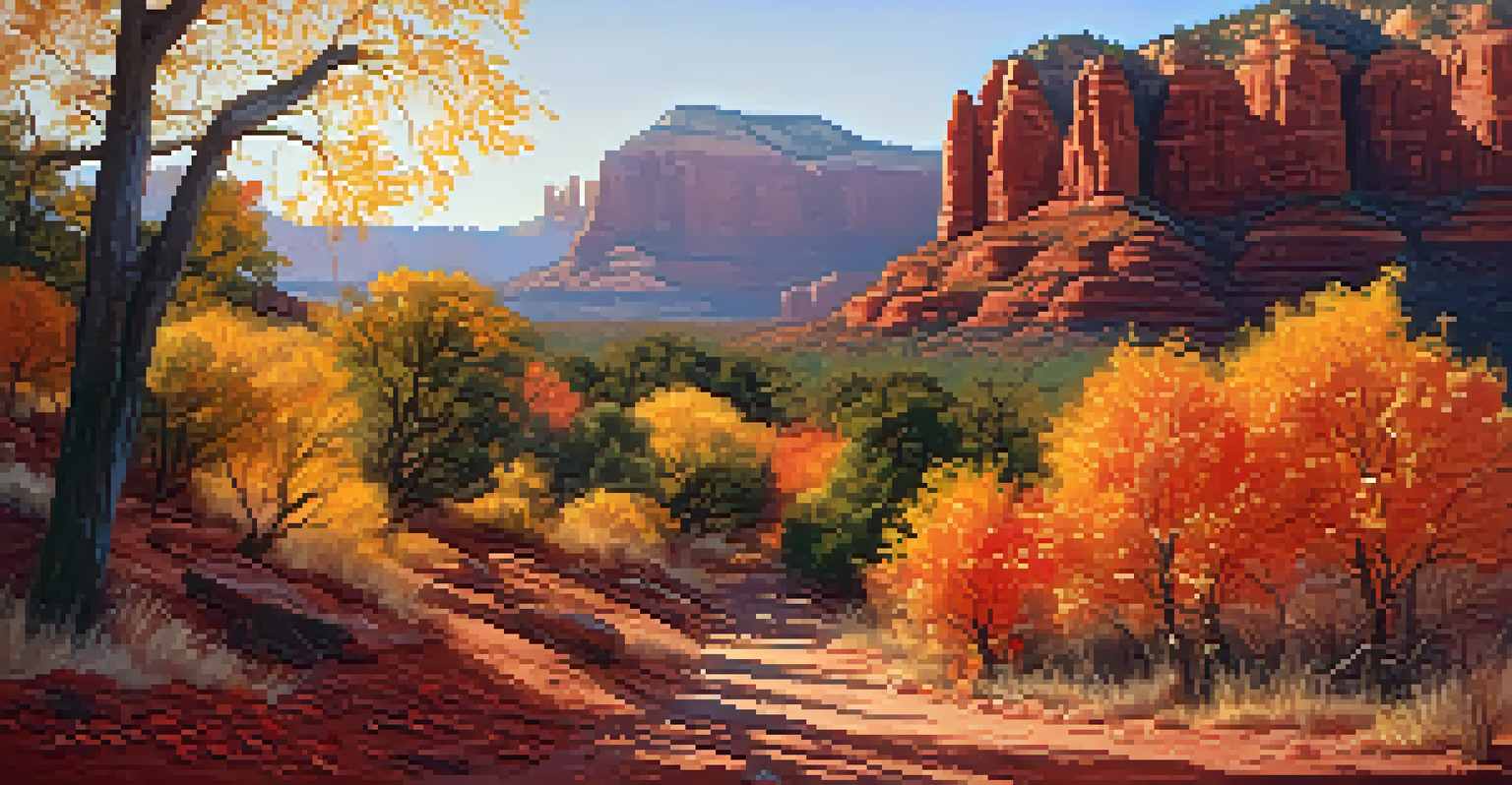 A beautiful fall landscape in Sedona with colorful trees and red rock formations along a hiking trail.