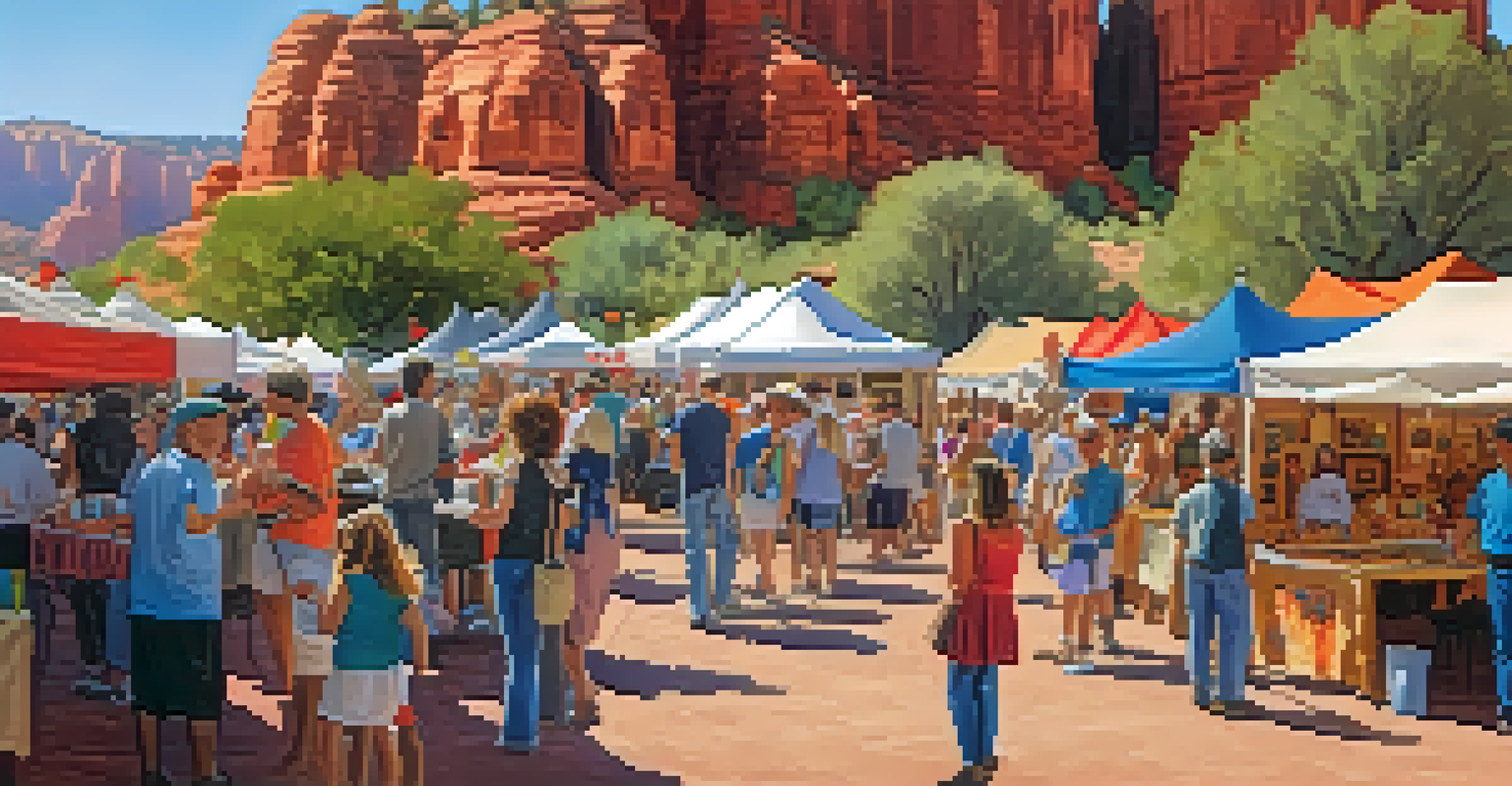 A bustling art festival in Sedona with booths of local artwork, visitors admiring the pieces, and red rock formations in the background.