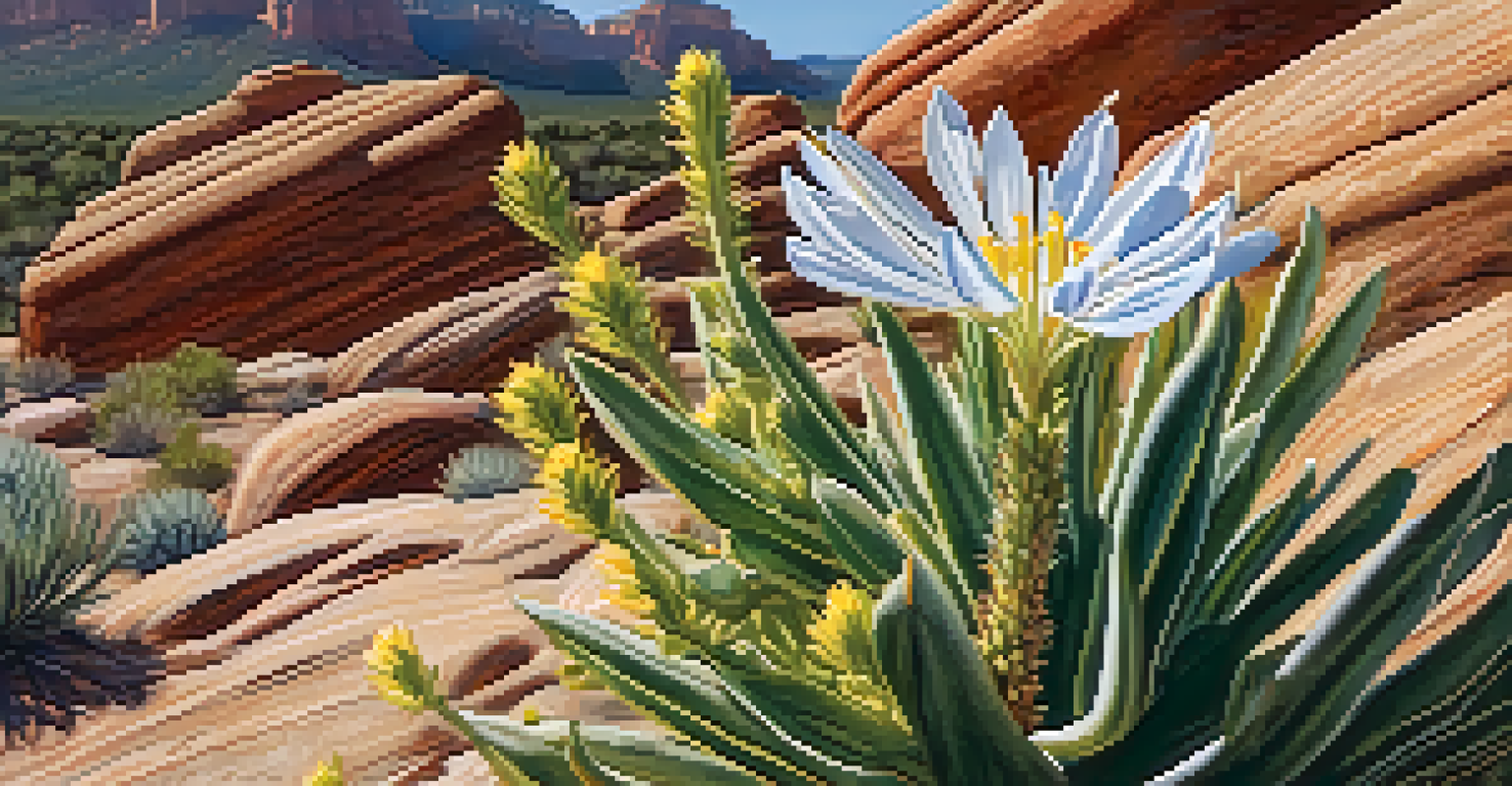 A close-up of a blooming desert wildflower in Sedona, surrounded by rocky terrain.
