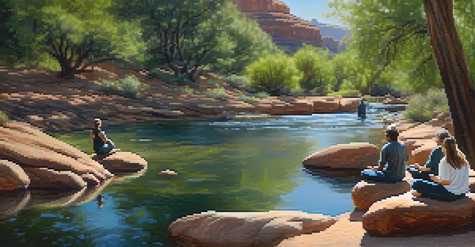 Participants meditating by a peaceful stream in Sedona, surrounded by nature and wildflowers.