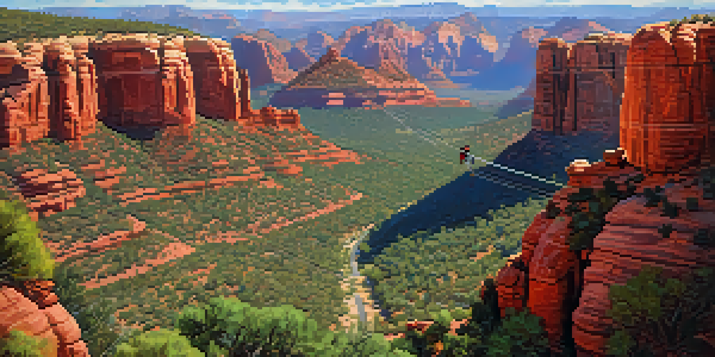 A zip-liner soaring over Sedona's red rock formations, showcasing the stunning landscape under a clear blue sky.