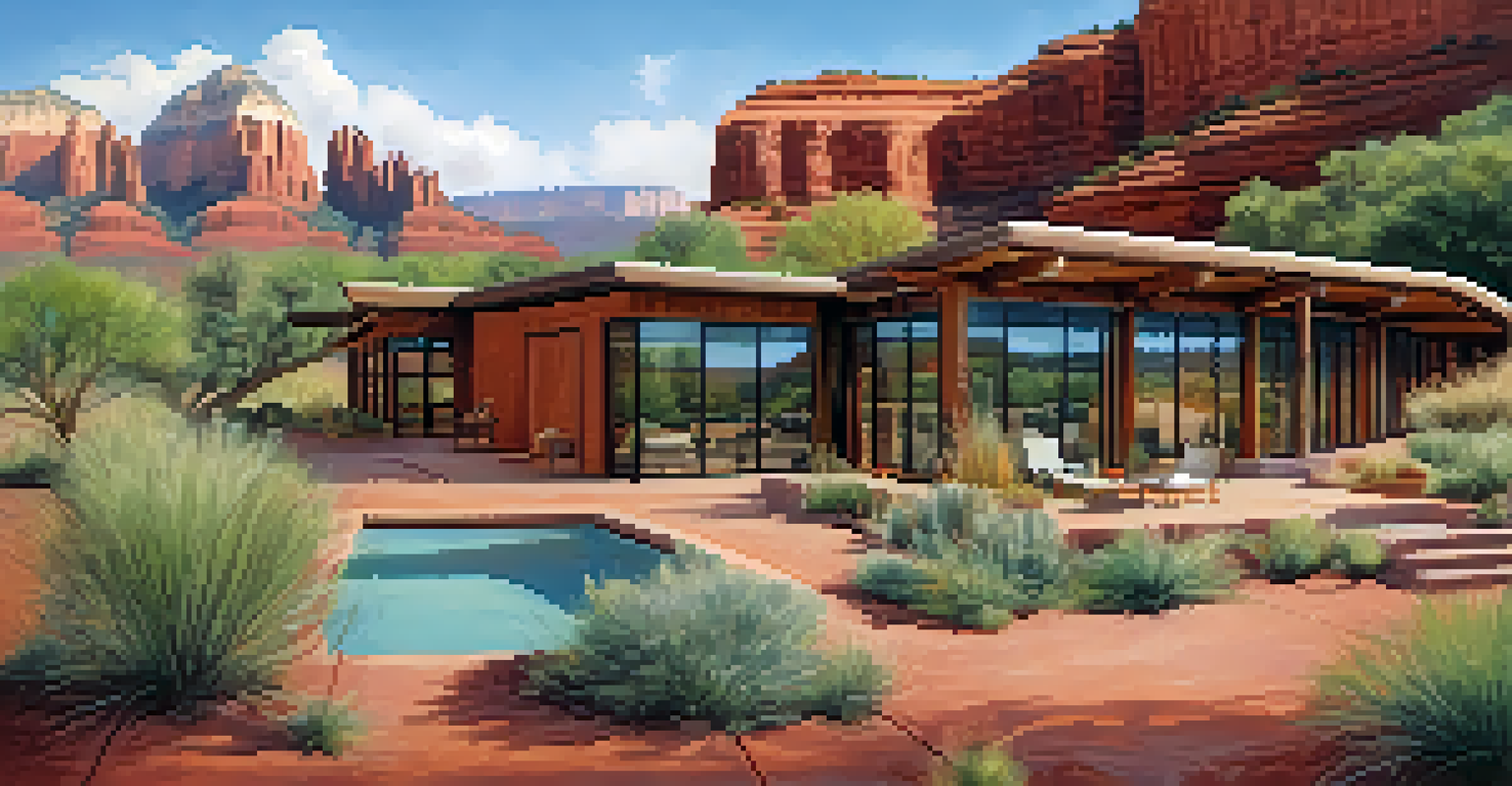 An eco-friendly lodge in Sedona surrounded by red rock cliffs and a native plant garden.