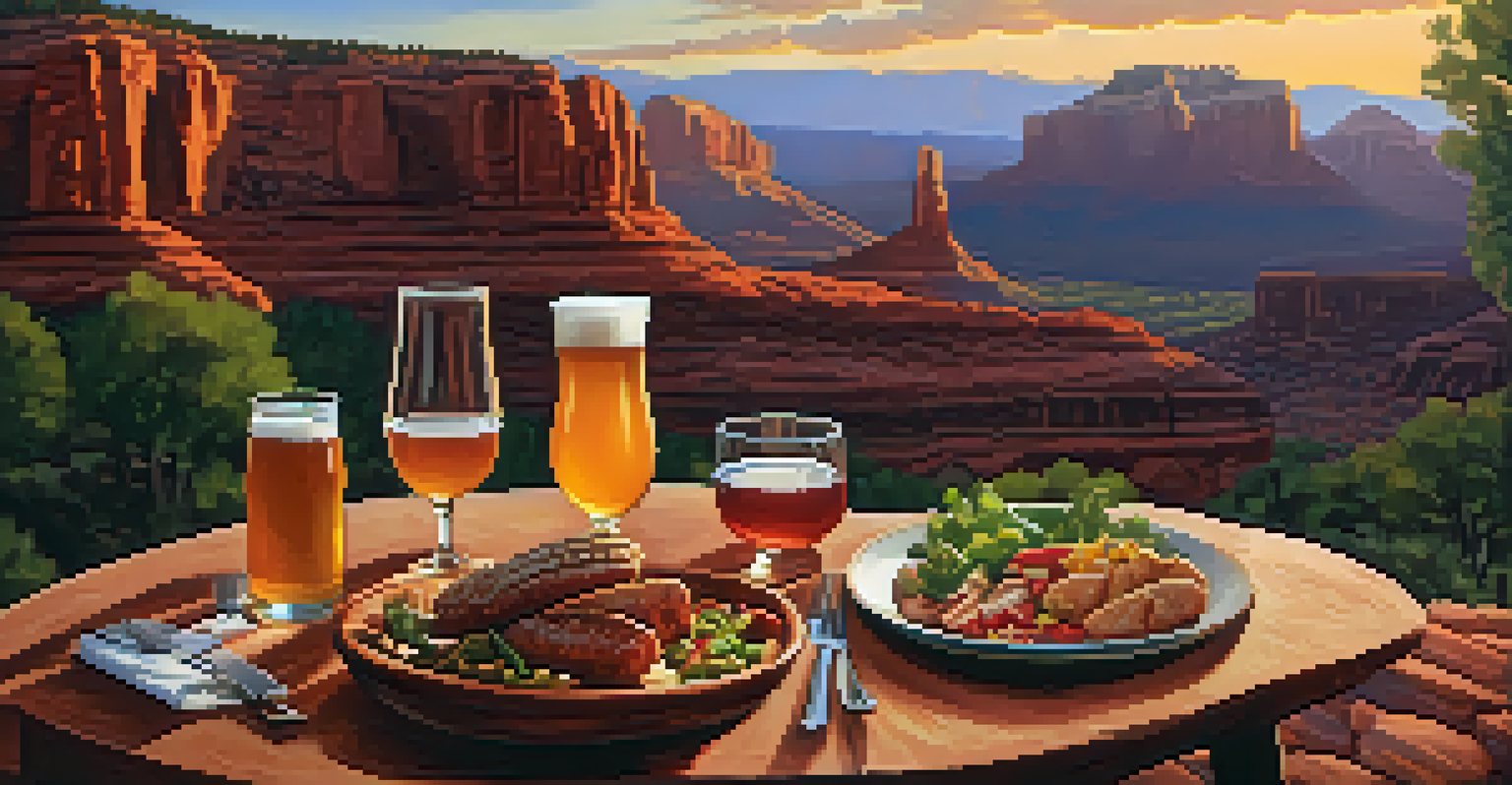 An outdoor table featuring seasonal craft beers paired with gourmet food, set against the backdrop of Sedona's red rocks at sunset.
