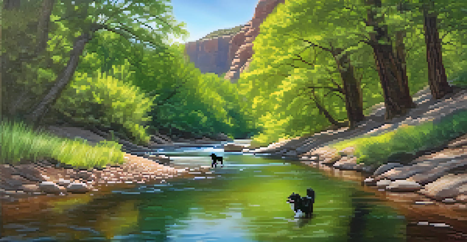 A dog splashing in a creek at Oak Creek Canyon while its owner walks along a shaded trail surrounded by lush greenery.