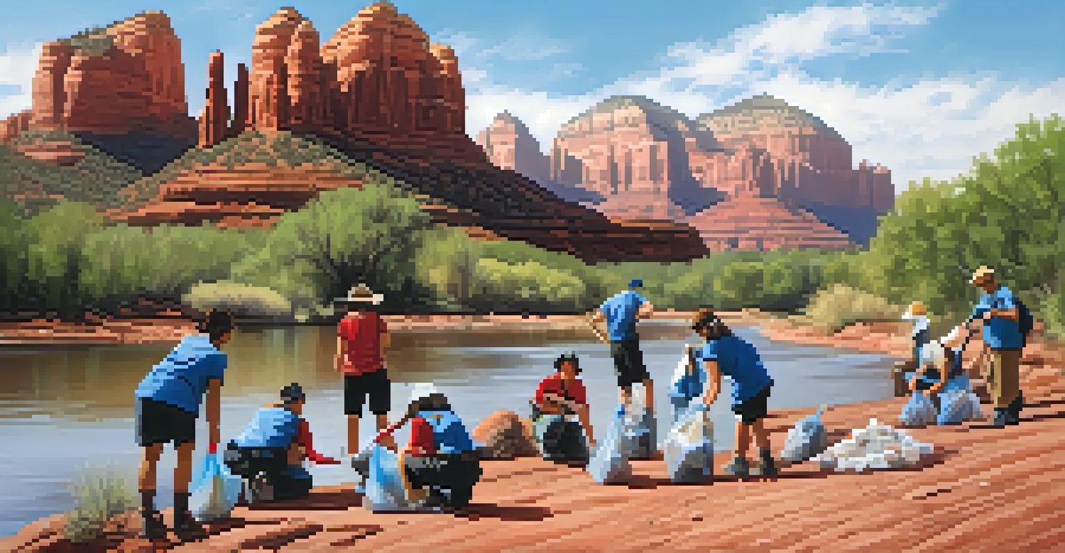 A group of teens participating in a river clean-up, collecting trash along a scenic riverbank with red rock formations in the background.