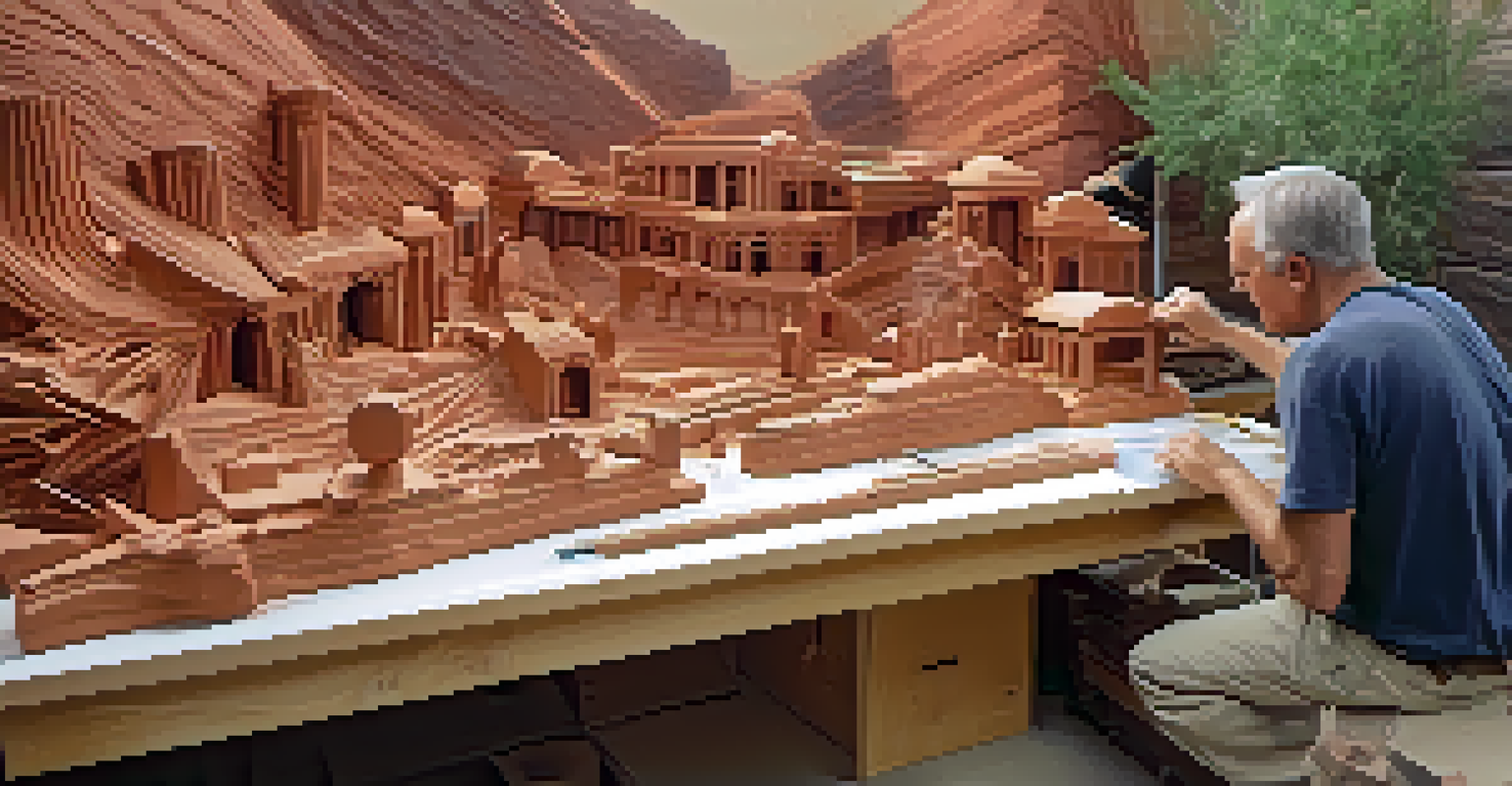 A woodcarver named David working on a detailed sculpture inspired by Sedona's landscape in his workshop.