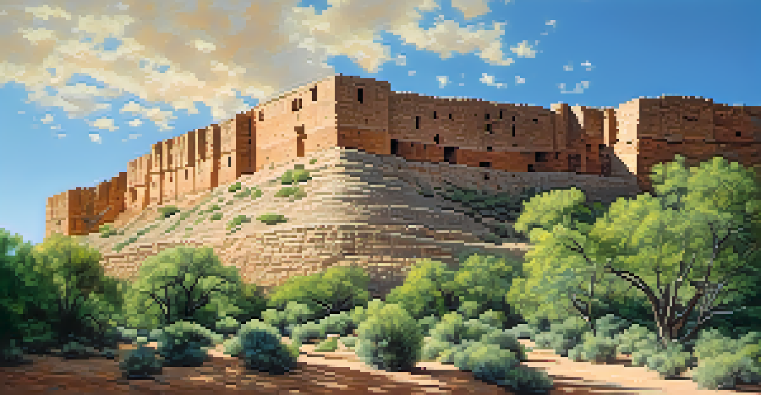 A cliff dwelling known as Montezuma Castle with sunlight illuminating its stonework and visitors admiring it.