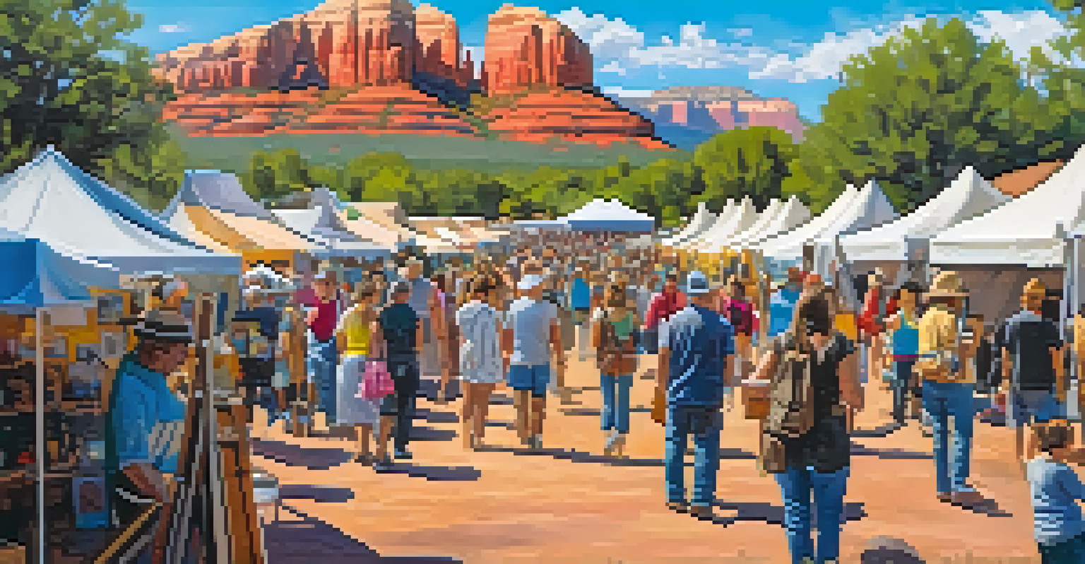 People exploring an art festival in Sedona, surrounded by colorful artwork and live music.