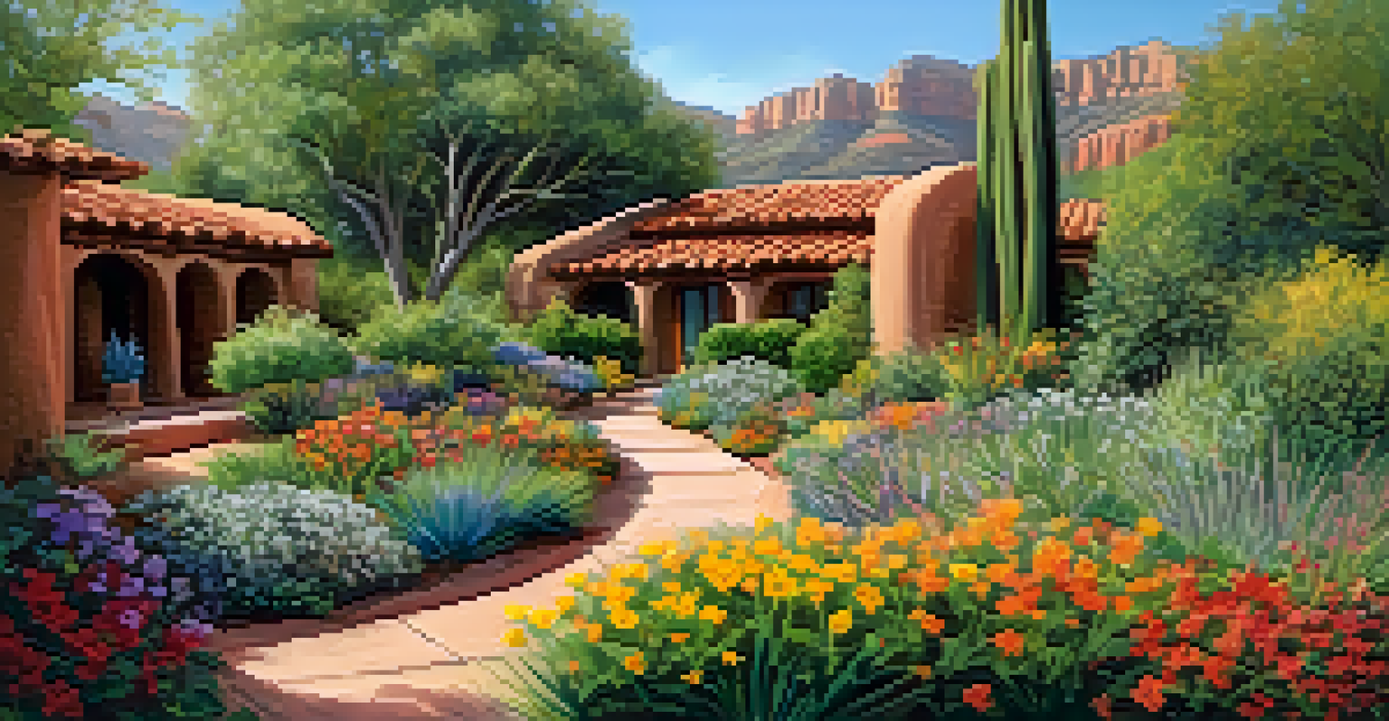 A tranquil garden at Sedona Mago Retreat with a labyrinth path surrounded by lush greenery and colorful flowers.