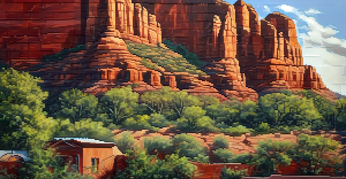 A colorful mural on a brick wall showcasing Sedona's natural beauty, with red rocks and local wildlife.