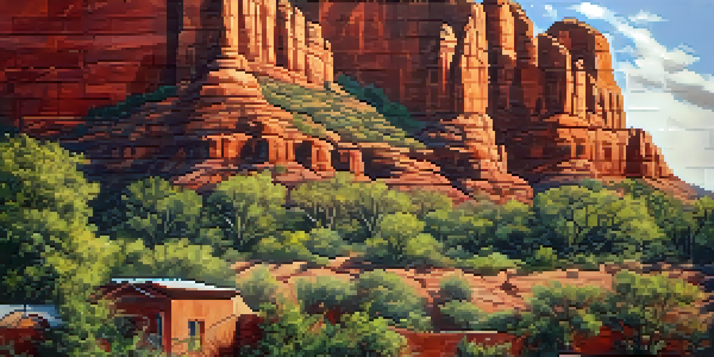 A colorful mural on a brick wall showcasing Sedona's natural beauty, with red rocks and local wildlife.