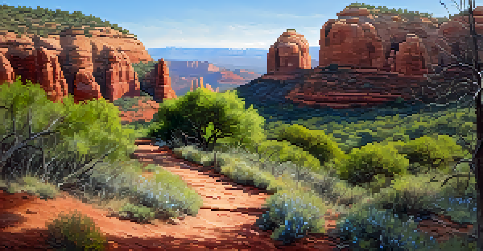A scenic hiking trail in Sedona, surrounded by red rock formations and wildflowers, with a hiker in the distance.