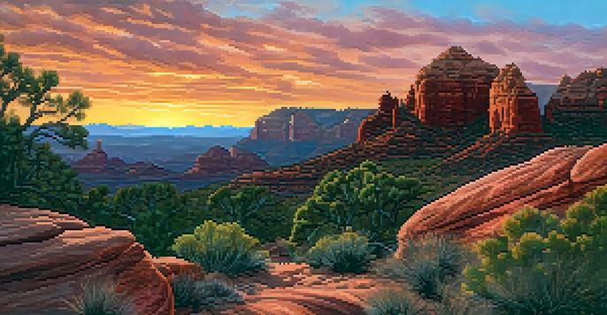 A silhouette of a hiker on a rocky trail during sunset, with vibrant colors in the sky above Sedona's red rock formations.