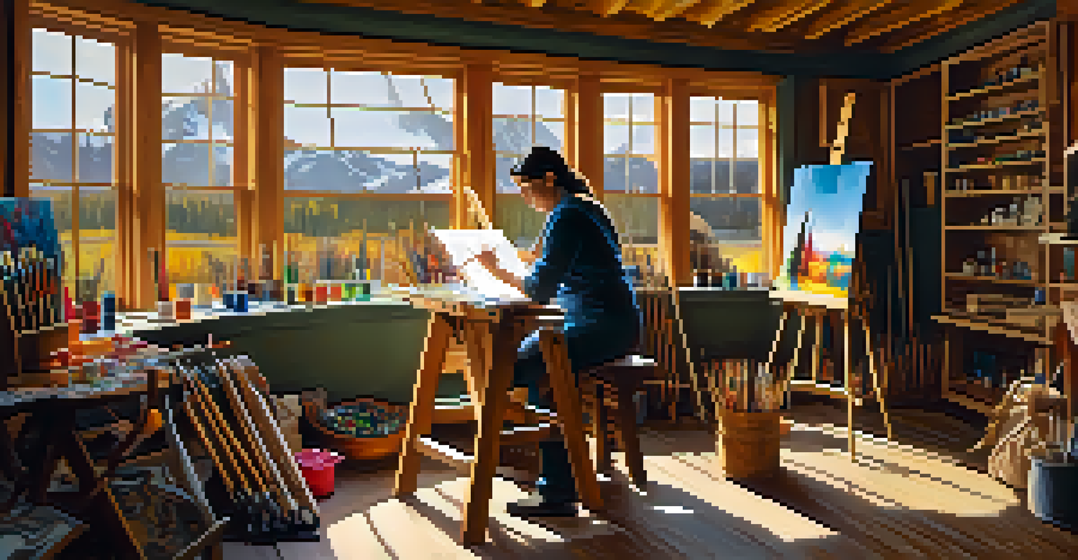 An artisan studio with a painter at work, incorporating traditional motifs into a modern landscape, illuminated by sunlight.