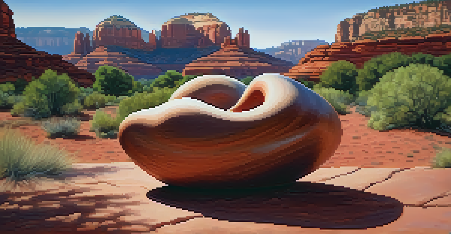 A close-up of a sculpture made from natural materials in front of Sedona's red rocks, illuminated by soft sunlight.